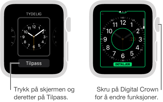 Tydelig-urskiven til venstre. Trykk på Tilpass-knappen. Tilpass-skjermen til høyre med klokkefunksjon markert. Skru på Digital Crown for å endre valg.