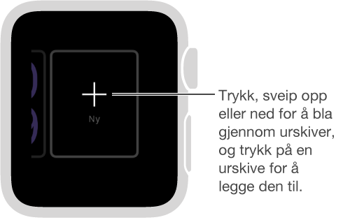 Ny urskive-skjerm. Trykk på urskiven for å sveipe opp og ned for forskjellige design. Trykk for å legge til en.