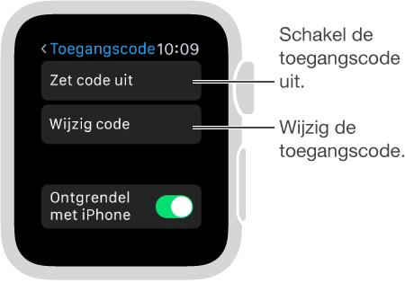 Het scherm met instellingen voor de toegangscode op de Apple Watch. Bijschriften voor 'Zet code uit' en 'Wijzig code'.