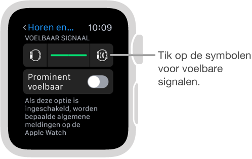 Scherm met instellingen voor 'Horen en voelen', waar u omlaag kunt scrollen naar 'Voelbaar signaal' en vervolgens op de intensiteitssymbolen kunt tikken om de intensiteit van tikken aan te passen.