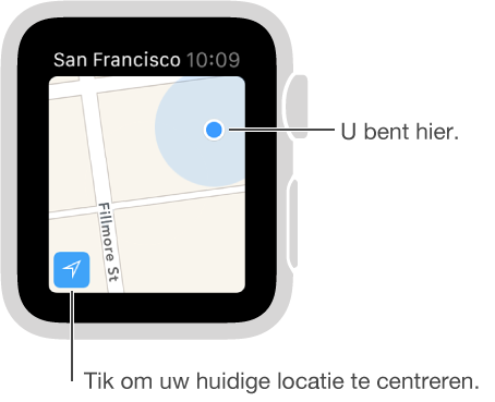 Tik op het pijlsymbool linksonder op de kaart om uw locatie te zien. Uw locatie wordt aangegeven met een blauwe stip.