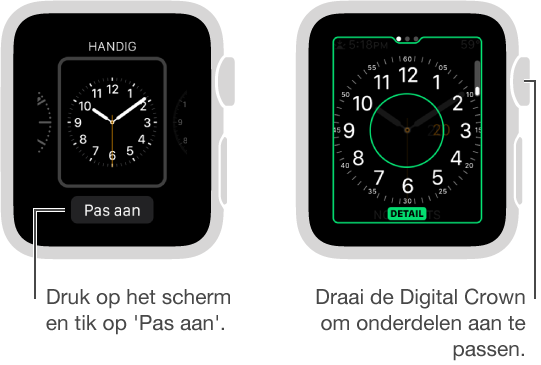 Links wordt de wijzerplaat Handig afgebeeld. U kunt op de knop 'Pas aan' tikken. Rechts het scherm waarin de wijzerplaat kan worden aangepast en waarin het onderdeel 'Detail' is gemarkeerd. Draai de Digital Crown om andere opties weer te geven.