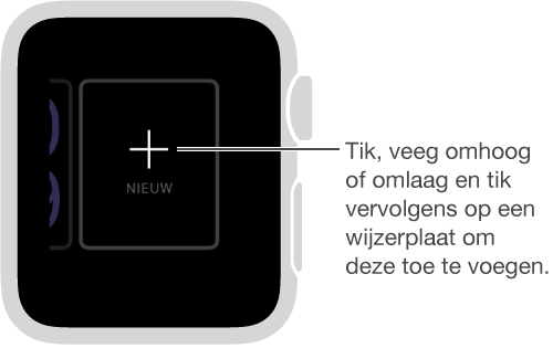 Scherm voor een nieuwe wijzerplaat. Tik op de wijzerplaat en veeg omhoog en omlaag om verschillende ontwerpen te bekijken. Tik om er een toe te voegen.