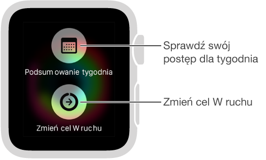 Naciśnij ekran po otwarciu programu Aktywność, aby zmienić swój dzienny cel W ruchu.