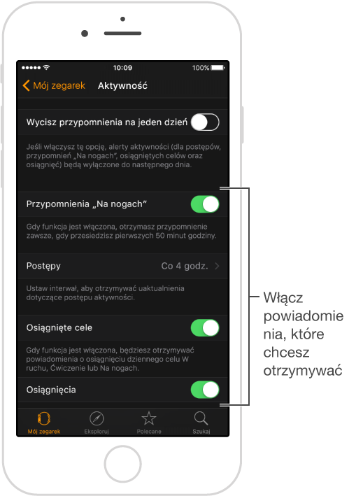 Ekran Aktywność programu Apple Watch, na którym możesz konfigurować powiadomienia oraz wybrać, czy skrót Aktywność ma być wyświetlany.