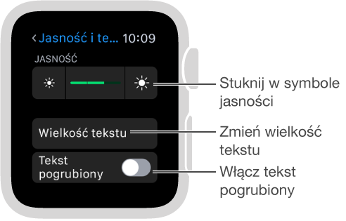 Ekran ustawień jasności na Apple Watch; opis symboli jasności po obu stronach suwaka: Stuknij w symbole jasności; opis opcji wielkości tekstu: Dostosuj wielkość tekstu; opis opcji tekstu pogrubionego: Włącz tekst pogrubiony.