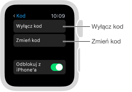 Ekran ustawień kodu na Apple Watch. Wskaźniki na opcjach Wyłącz kod i Zmień kod.