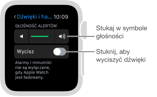 Ekran ustawień dźwięku i haptyki na Apple Watch. Aby zmienić poziom głośności dzwonków i alertów, obróć Digital Crown lub stukaj w symbole głośności. Aby wyciszyć Apple Watch, stuknij w Wycisz.