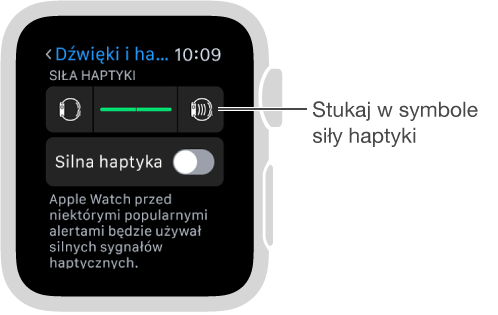 Ekran ustawień dźwięku i haptyki, na którym można przewinąć w dół do opcji haptyki dzwonków i alertów, a następnie zmienić intensywność sygnałów haptyczny za pomocą symboli haptyki.