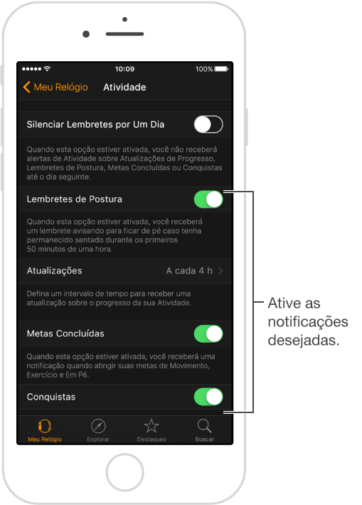 Tela Atividade no aplicativo Apple Watch, onde você pode personalizar as notificações que deseja obter e escolher se quer mostrar o resumo Atividade.