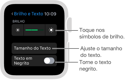 Tela de ajustes de brilho no Apple Watch com balão explicativo para os símbolos de brilho em qualquer lado do controle deslizante: Toque nos símbolos de brilho; balão explicativo para Tamanho do Texto: Ajuste o tamanho do texto; Balão explicativo para Texto em Negrito: Torne o texto negrito.