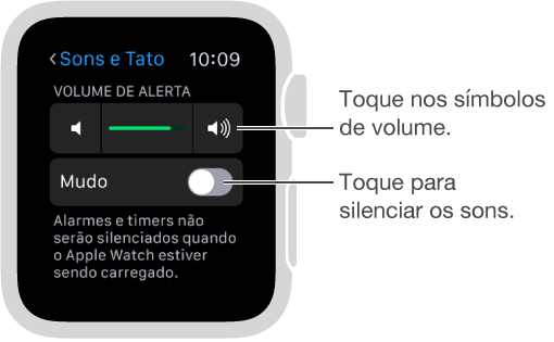 Tela de ajustes de Sons e Tato no Apple Watch. Gire a Digital Crown ou toque nos símbolos de volume para aumentar ou diminuir o volume dos toques e alertas. Toque em Silenciar para silenciar o Apple Watch.