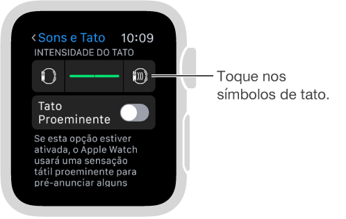 Tela dos ajustes de Sons e Tato, onde é possível rolar para baixo até Toques e Alertas Táteis e, em seguida, tocar nos símbolos de tato para aumentar ou diminuir a intensidade dos toques.