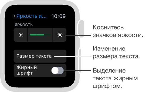 Экран настройки яркости на Apple Watch со сноской, указывающей на значки яркости с каждого края бегунка (комментарий: «Коснитесь значков яркости»); сноска, указывающая на параметр «Размер текста»: (комментарий: «Изменение размера текста»); сноска, указывающая на параметр «Жирный шрифт» (комментарий: «Выделение текста жирным шрифтом»).