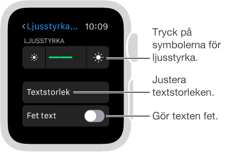 Skärmen för ljusstyrkeinställningar på Apple Watch, med pilar till symbolerna för ljusstyrka på ömse sidor om reglaget: Tryck på symbolerna för ljusstyrka, pil mot textstorleken, Justera textstorleken, pil mot fet text: Gör text fet.