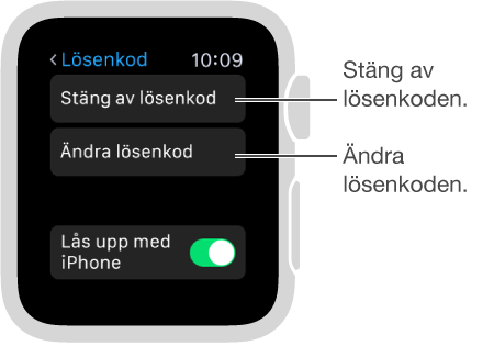 Skärmen för lösenkodsinställningar på Apple Watch. Pilar mot Avaktivera lösenkod och Ändra lösenkod.