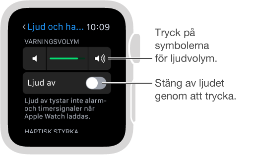 Inställningsskärmen Ljud och haptik på Apple Watch. Öka och minska volymen hos ring- och notisljuden genom att vrida på Digital Crown eller trycka på symbolerna för ljudvolym. Gör Apple Watch tyst genom att trycka på Ljud av.