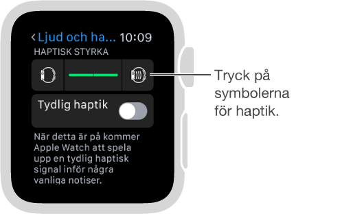 Inställningsskärmen Ljud och haptik där du kan rulla ned till Ring- och notishaptik och sedan öka eller minska intensiteten hos trycken genom att trycka på de haptiska symbolerna.