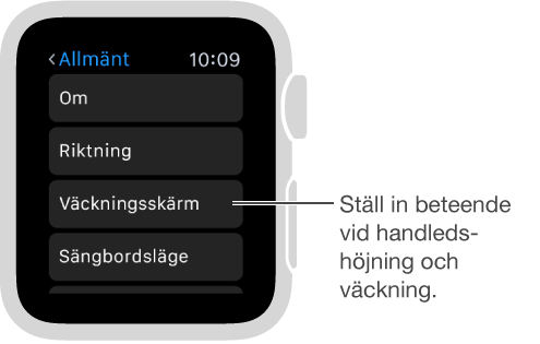 Skärmen Allmänt i inställningarna på Apple Watch, med en pil till alternativet Aktivera vid handledshöjning. Tryck om du vill aktivera den.