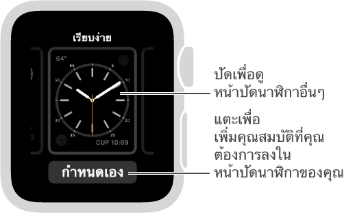 สิ่งที่คุณจะเห็นเมื่อกดลงน้ำหนักที่หน้าปัดนาฬิกา คุณสามารถปัดไปทางซ้ายหรือขวาเพื่อดูตัวเลือกหน้าปัดนาฬิกาอื่นๆ ได้ แตะกำหนดเองของหน้าปัดนาฬิกาหนึ่งเพื่อเพิ่มคุณสมบัติที่คุณต้องการ