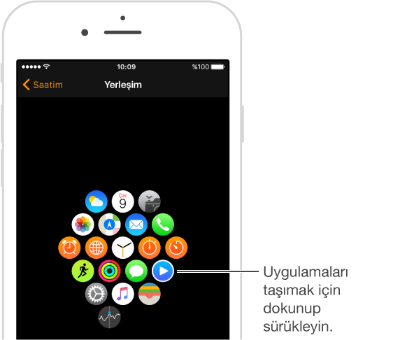 iPhone’da Apple Watch uygulamasında, uygulamaların yerleşimini gösteren Yerleşim ekranı. Uygulamaları taşımak için dokunup sürükleyin.