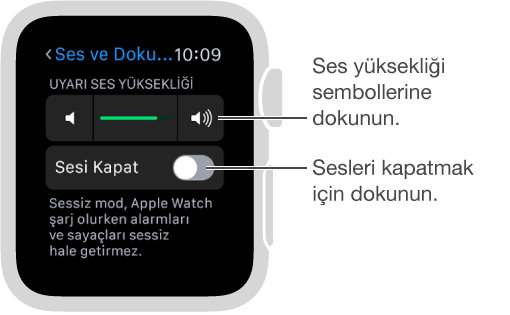 Apple Watch’ta Ses ve Dokunuş ayarları ekranı. Zil sesleri ve uyarıların sesini artırmak ya da azaltmak için Digital Crown’u çevirin veya ses yüksekliği sembollerine dokunun. Apple Watch’un sesini kapatmak için Sesi Kapat’a dokunun.