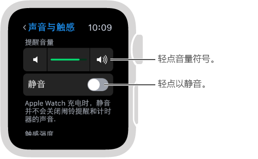 Apple Watch 上的“声音与触感”设置屏幕。 旋转 Digital Crown 表冠或者轻点音量符号来调高或调低铃声和提醒的音量。 轻点“静音”以将 Apple Watch 静音。