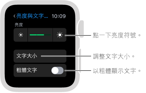 Apple Watch 上的亮度設定畫面，滑桿的兩端帶有亮度符號的說明文字： 點一下亮度符號；「文字大小」的說明文字： 調整文字大小；「粗體文字」的說明文字： 使文字變成粗體。