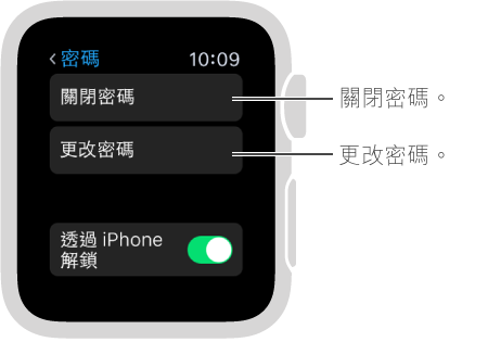 Apple Watch 上的密碼設定畫面。 指標指向「停用密碼」及「更改密碼」。