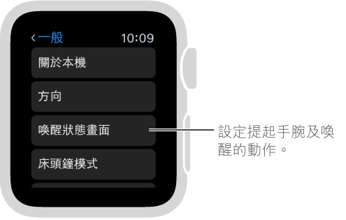 Apple Watch 上的「一般設定」畫面，帶有指標指向「提起手腕時啟用」選項。 點一下即可設定。