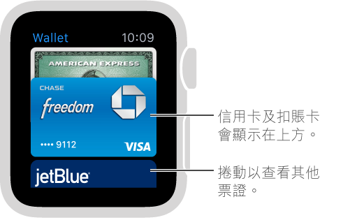 Apple Watch 上的 Passbook 畫面會先顯示付款卡，票證位於下方。