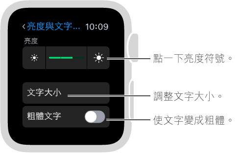 Apple Watch 上的亮度設定畫面，滑桿的兩端帶有亮度符號的說明文字： 點一下亮度符號；「文字大小」的說明文字： 調整文字大小；「粗體文字」的說明文字： 使文字變成粗體。