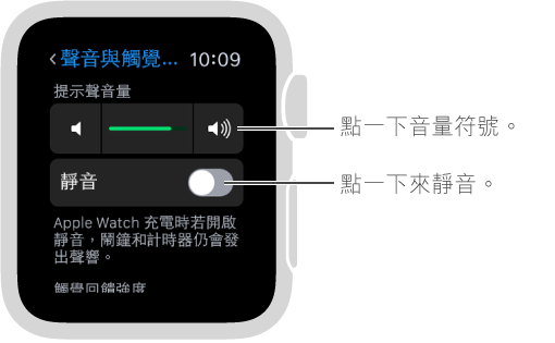 Apple Watch 上的「聲音與觸覺回饋」設定畫面。 轉動 Digital Crown 或點一下音量符號來增加或減小鈴聲和提示聲的音量。 點一下「靜音」來讓 Apple Watch 靜音。