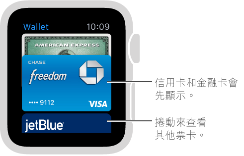 Apple Watch 上的 Passbook 畫面會先顯示付款卡，票卡位於下方。